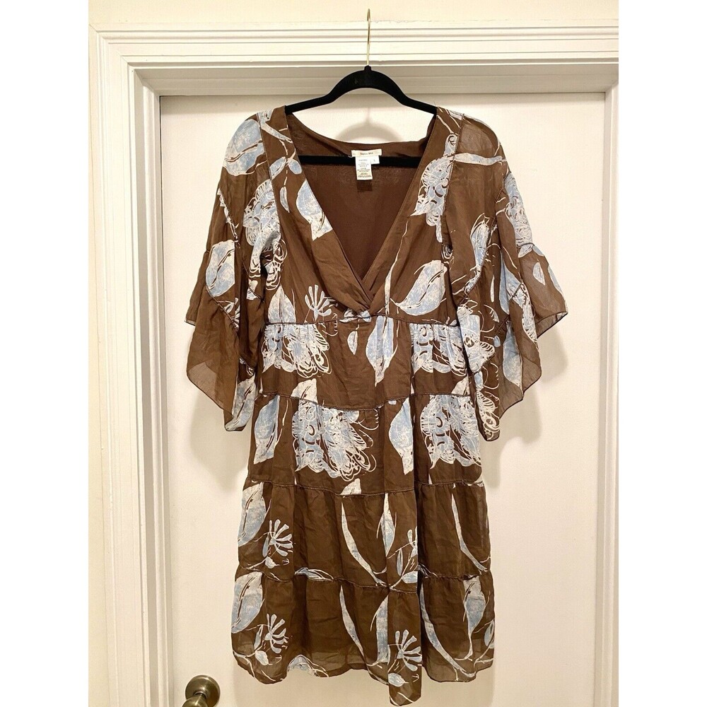 Floral Tiered Silk Overlay Dress Size Large Brown Boho Gypsy Flutter Sleeve Mini